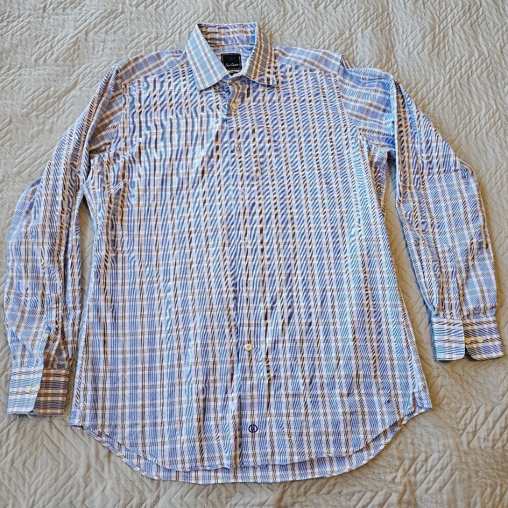 David Donahue Shirt Mens Size 16.5 34/35 Long Sleeve Dress Trim Fit Brown Blue